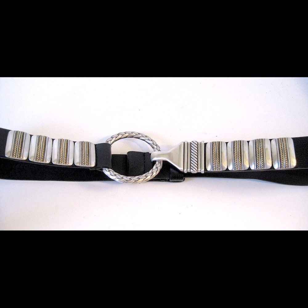 Chico's Silver Tone Hook Closure Buckle S/M Black Leather Hip/Waist Belt